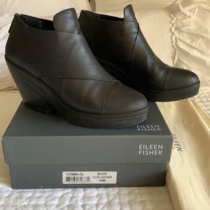 Eileen Fisher COSMO black oiled leather platform booties 10M